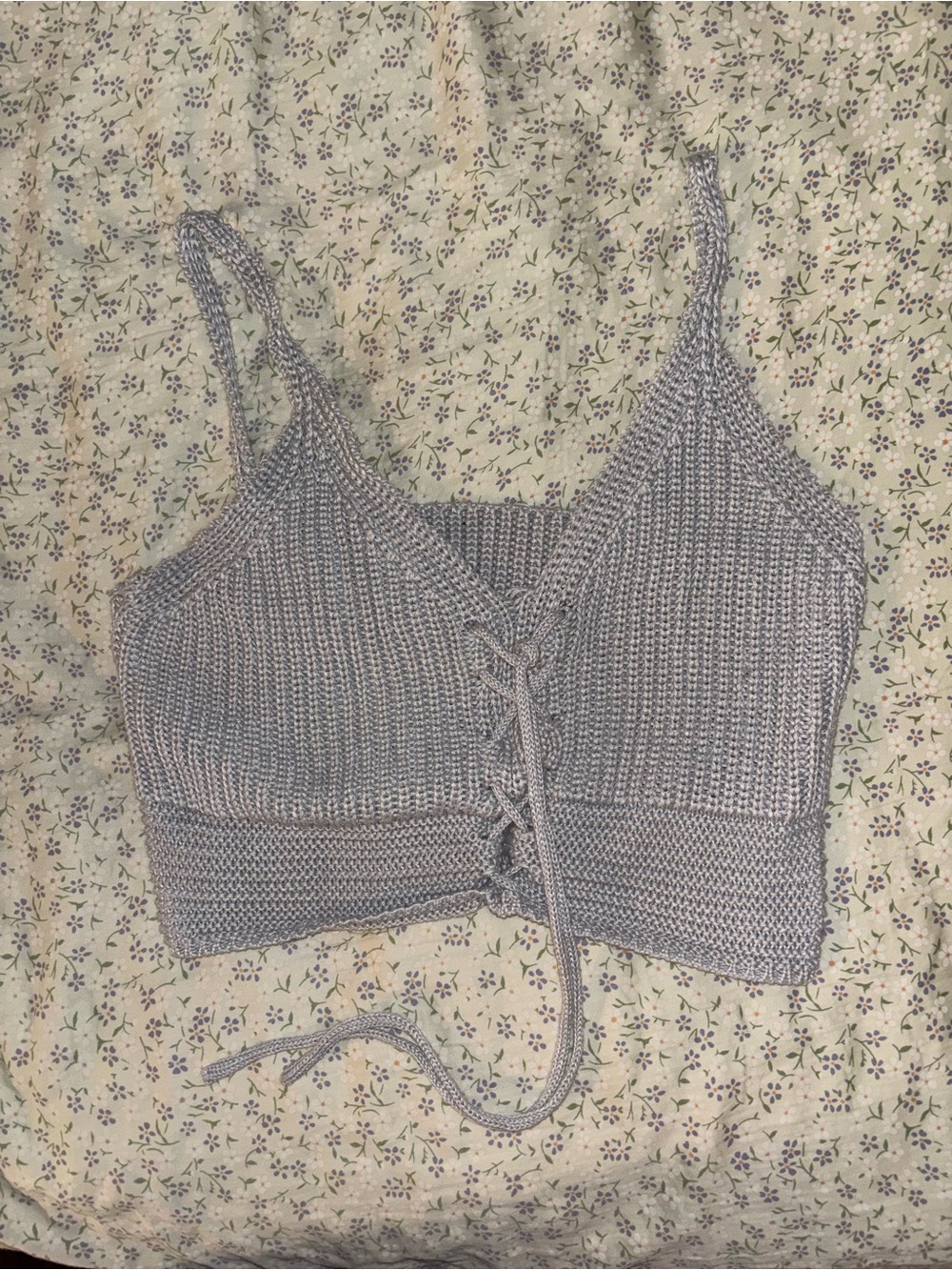 Knit Lace-Up Crop Tank Top - Gray